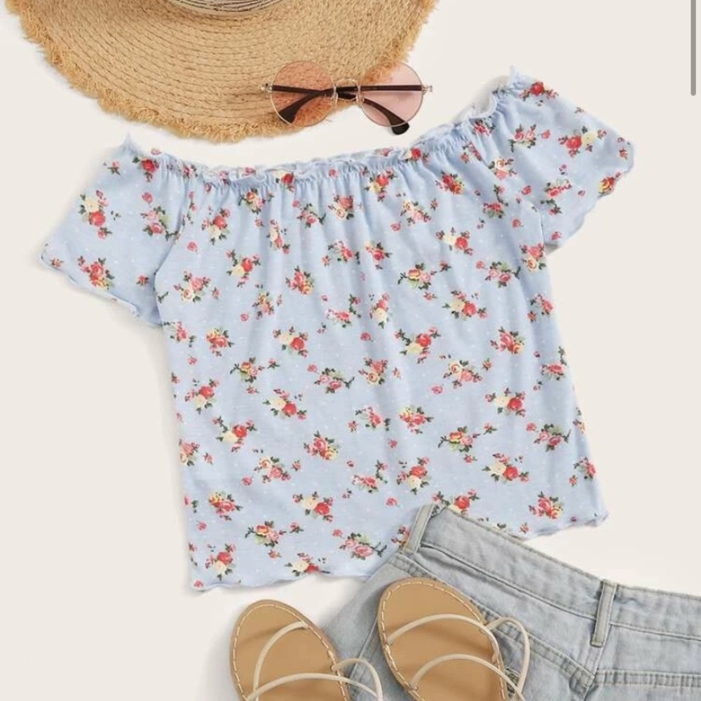 Blue floral off the shoulder shirt